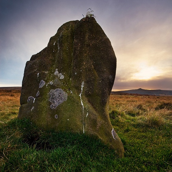 Hordron Edge stone circle Fairy Stone, as the sun sets over Win Hill