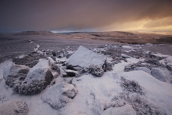 Winter view of Higger Tor and Carl Wark, from Over Owler Tor